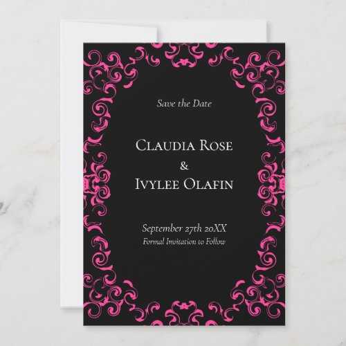 Hot Pink and Black Swirl Gothic Wedding Invitation