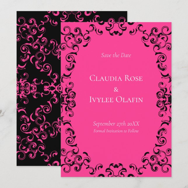 Hot Pink and Black Swirl Gothic Wedding Invitation (Front/Back)