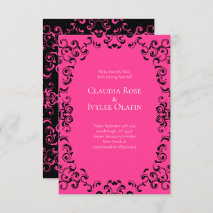 Hot Pink and Black Swirl Gothic Wedding Invitation