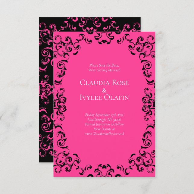 Hot Pink and Black Swirl Gothic Wedding Invitation (Front/Back)