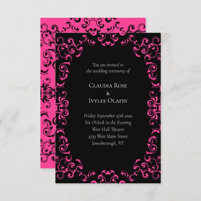 Hot Pink and Black Swirl Gothic Wedding Invitation (Front/Back)