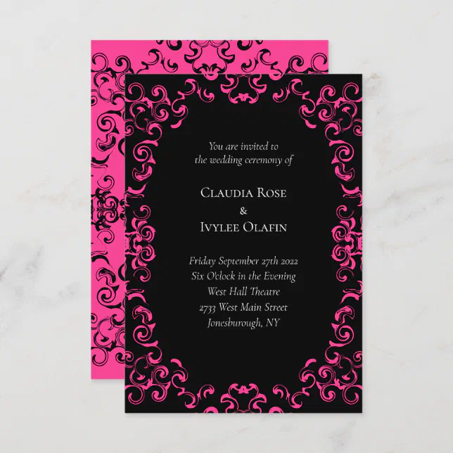 Hot Pink and Black Swirl Gothic Wedding Invitation | Zazzle