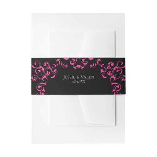 Hot Pink and Black Swirl Gothic Wedding Invitation Belly Band