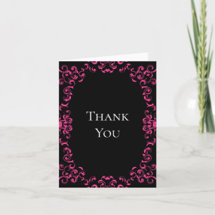 Hot Pink and Black Swirl Gothic Wedding Letterpress Thank You Card