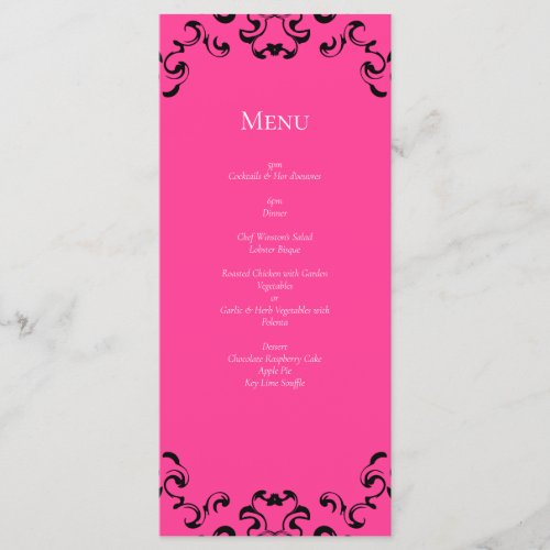 Hot Pink and Black Swirl Gothic Wedding Menu