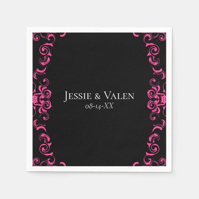Hot Pink and Black Swirl Gothic Wedding Napkins (Front)