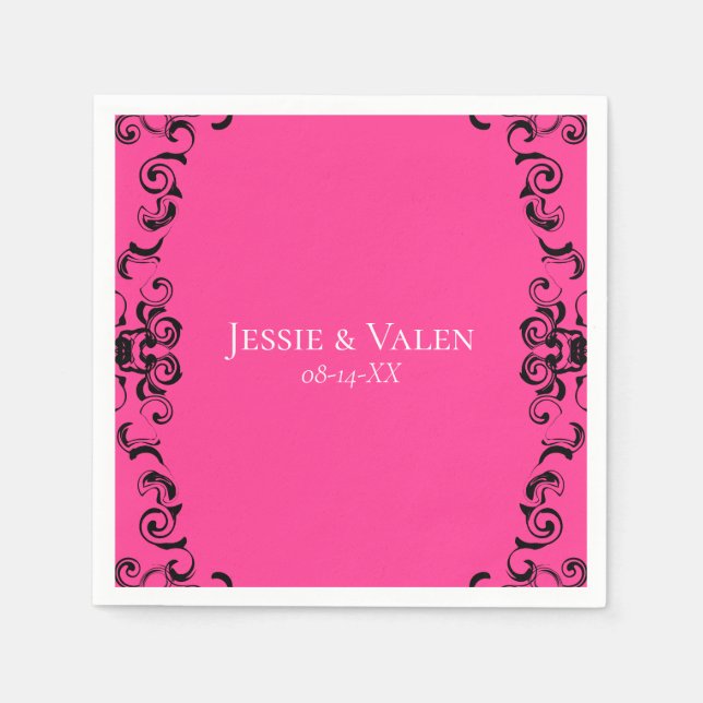 Hot Pink and Black Swirl Gothic Wedding Napkins (Front)