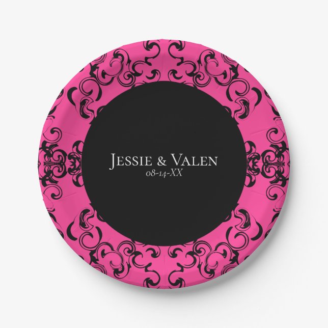Hot Pink and Black Swirl Gothic Wedding Paper Plates (Front)