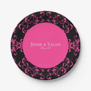 Hot Pink and Black Swirl Gothic Wedding Paper Plates