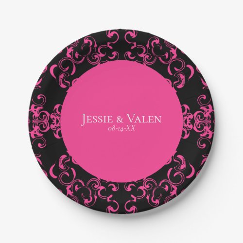 Hot Pink and Black Swirl Gothic Wedding Paper Plates