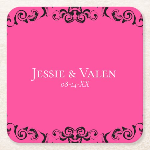 Hot Pink and Black Swirl Gothic Wedding Square Paper Coaster