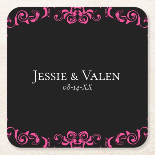 Hot Pink and Black Swirl Gothic Wedding Square Paper Coaster