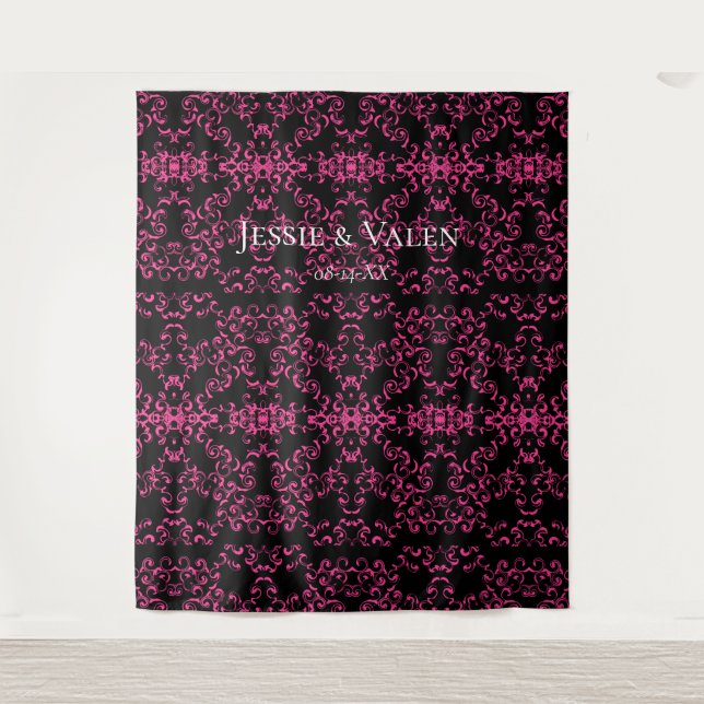 Hot Pink and Black Swirl Gothic Wedding Tapestry (Front)