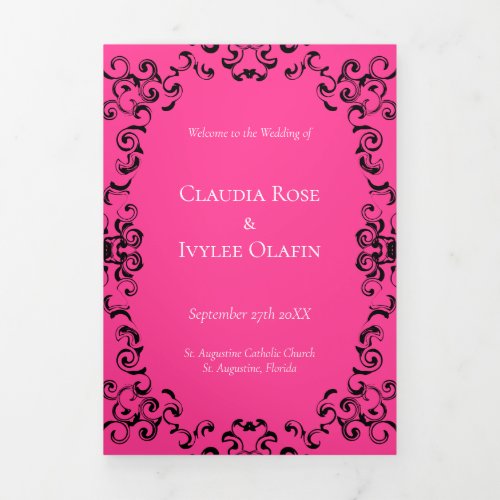 Hot Pink and Black Swirl Gothic Wedding Tri_Fold Program