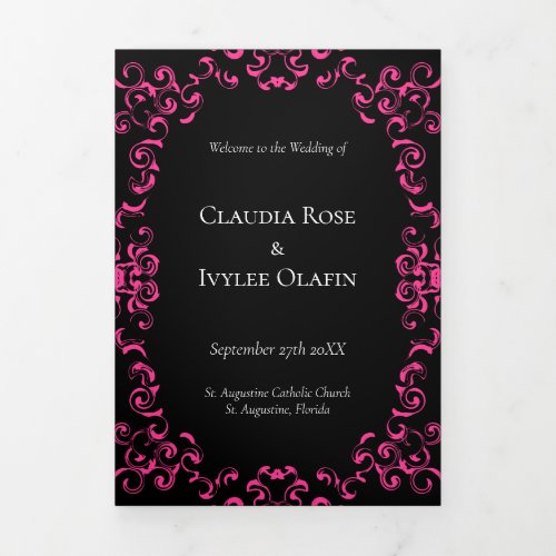 Hot Pink and Black Swirl Gothic Wedding Tri_Fold Program
