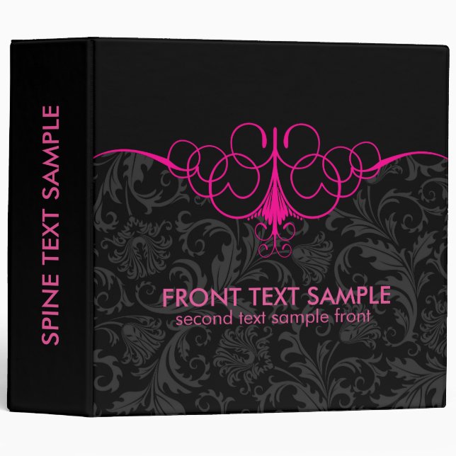 Hot Pink And Black Swirls 3 Ring Binder (Front/Spine)