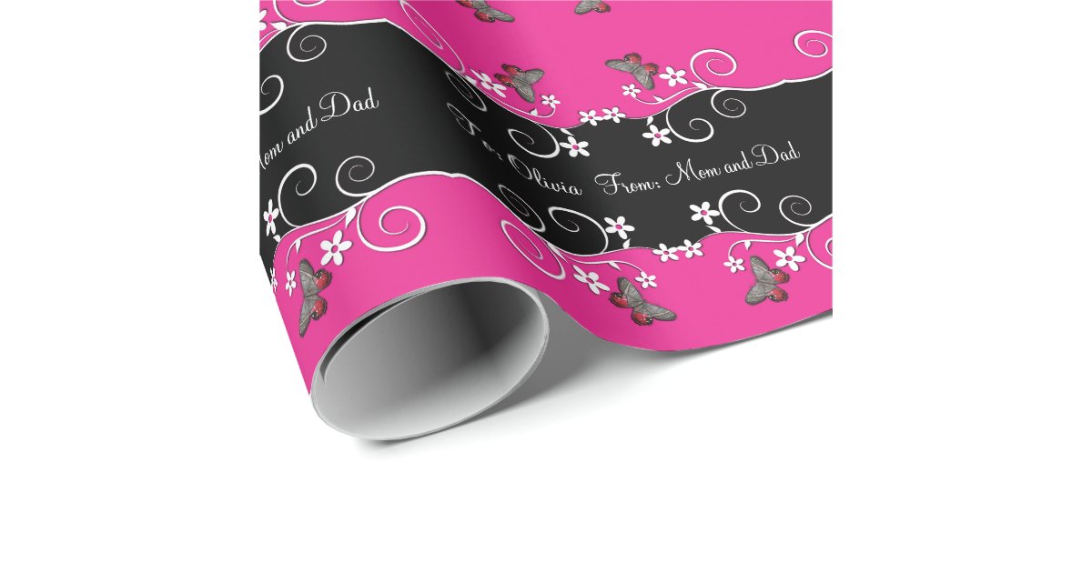 Modern neon pink black white abstract floral Wrapping Paper by
