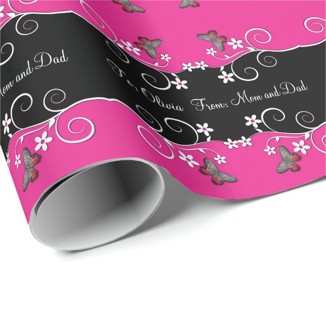 Hot Pink and Black Swirly Flowers Wrapping Paper (Roll Corner)