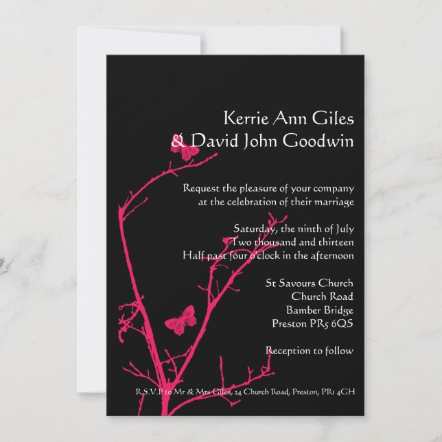 Hot pink and black wedding invitation (Front)