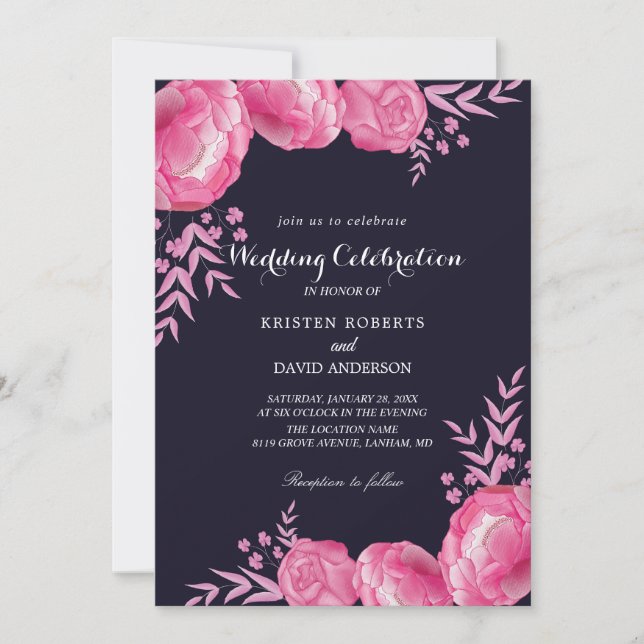 hot pink and black wedding invitations (Front)
