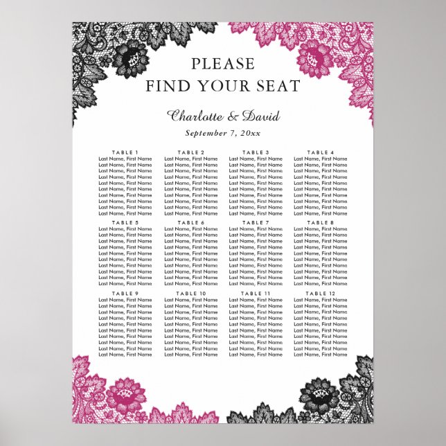 Hot Pink and Black Wedding Seating Chart 12 (Front)