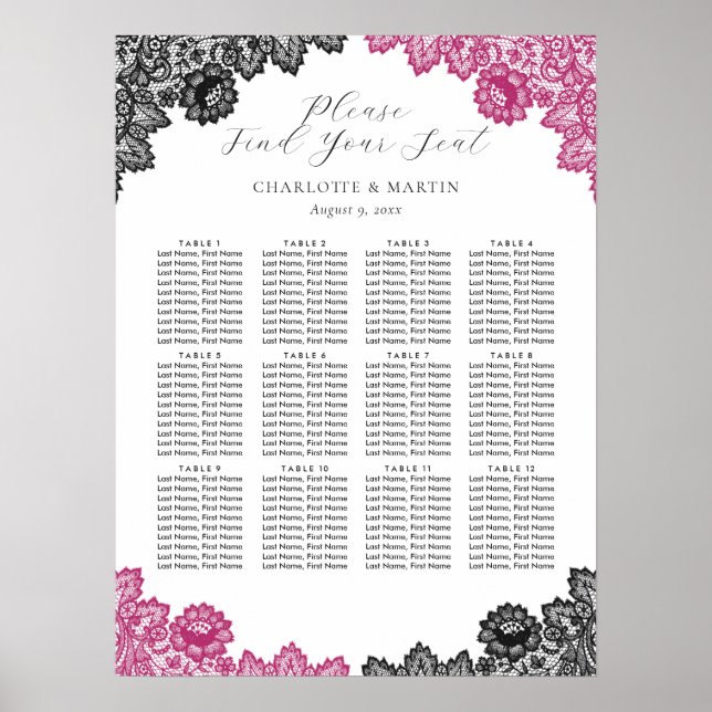 Hot Pink and Black Wedding Seating Chart 12 (Front)