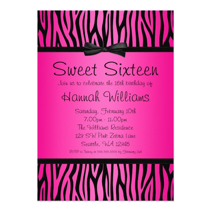 Hot Pink and Black Zebra Bow Sweet 16 Birthday Announcements