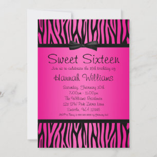 Hot Pink and Black Zebra Bow Sweet 16 Birthday Invitation