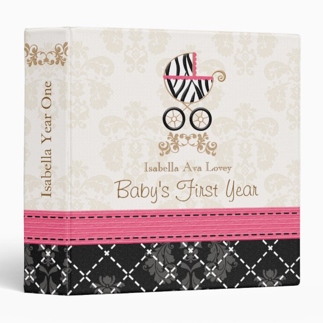 Hot Pink and Black Zebra Carriage Baby Photo Album Binder (Front/Spine)
