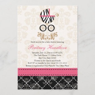Hot Pink and Black Zebra Carriage Baby Shower Invitation