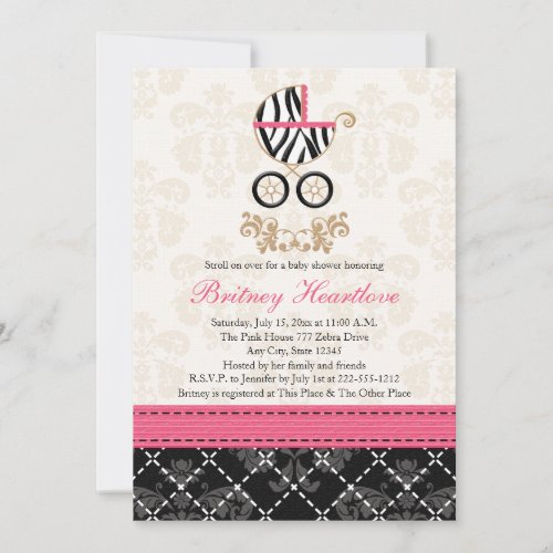 Hot Pink and Black Zebra Carriage Baby Shower Invitation
