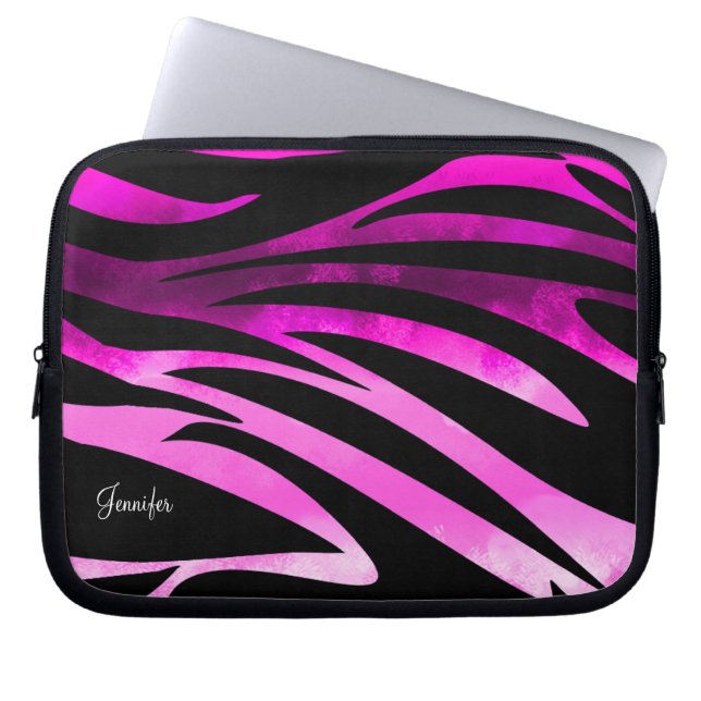 Hot Pink And Black Zebra Striped Pattern Laptop Sleeve (Front)