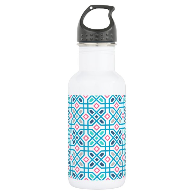 Hot pink and blue geometric pattern water bottle (Front)