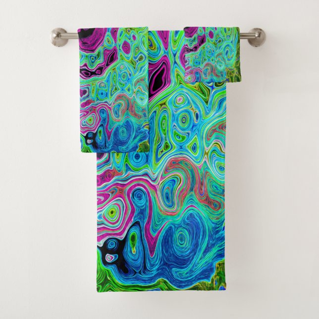Hot Pink and Blue Groovy Abstract Retro Swirl Bath Towel Set (Insitu)