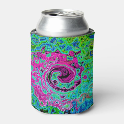 Hot Pink and Blue Groovy Abstract Retro Swirl Can Cooler