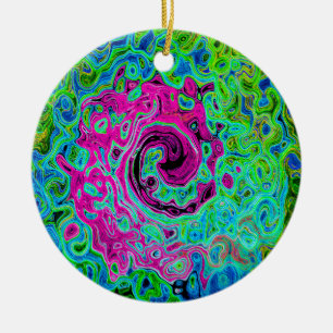 Hot Pink and Blue Groovy Abstract Retro Swirl Ceramic Ornament