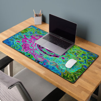 Hot Pink and Blue Groovy Abstract Retro Swirl Desk Mat