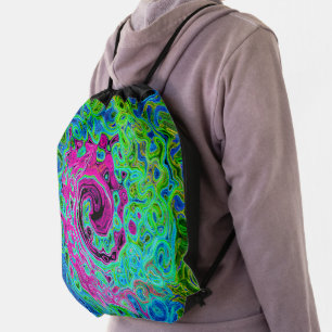 Hot Pink and Blue Groovy Abstract Retro Swirl Drawstring Bag
