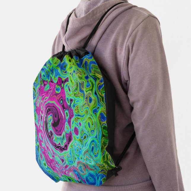 Hot Pink and Blue Groovy Abstract Retro Swirl Drawstring Bag (Insitu)