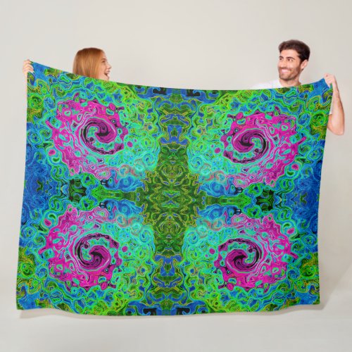 Hot Pink and Blue Groovy Abstract Retro Swirl Fleece Blanket