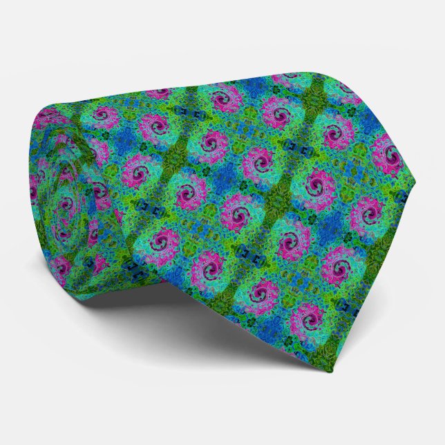 Hot Pink and Blue Groovy Abstract Retro Swirl Neck Tie (Rolled)