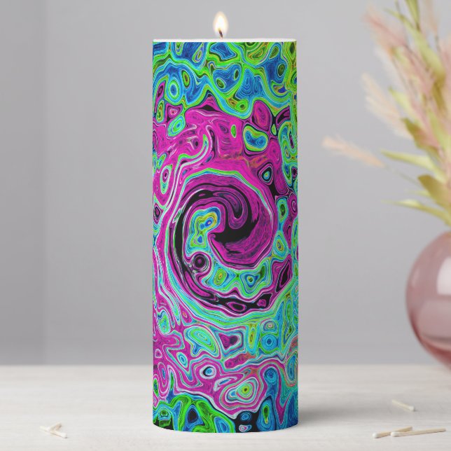 Hot Pink and Blue Groovy Abstract Retro Swirl Pillar Candle (In Situ)