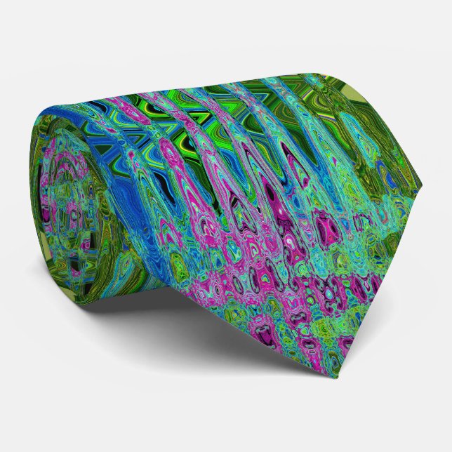 Hot Pink and Blue Groovy Abstract Retro Waves Neck Tie (Rolled)