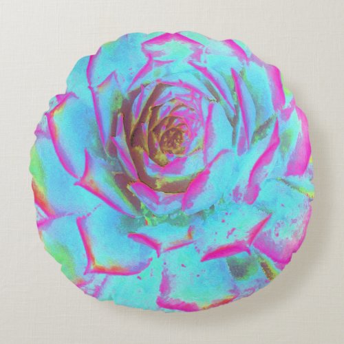 Hot Pink and Blue Succulent Sedum Rosette Round Pillow