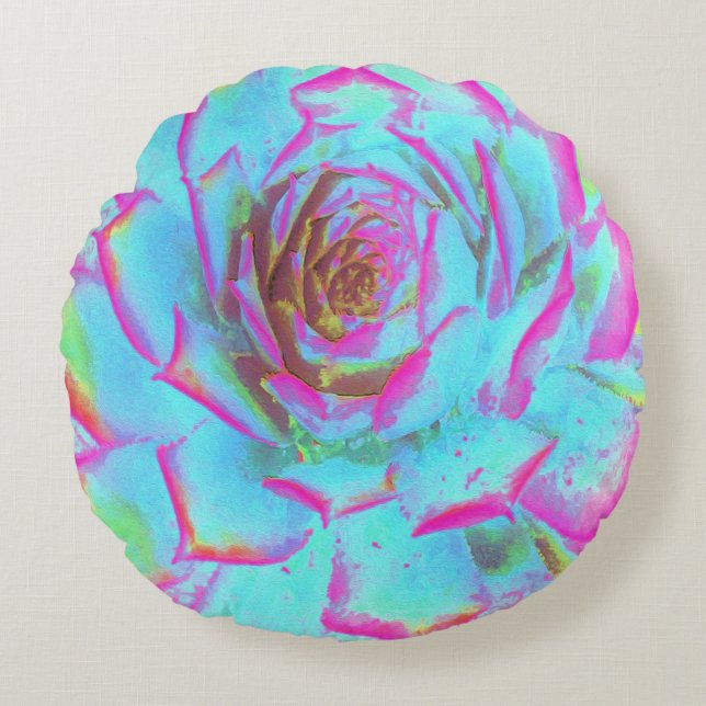 Hot Pink and Blue Succulent Sedum Rosette Round Pillow (Front)