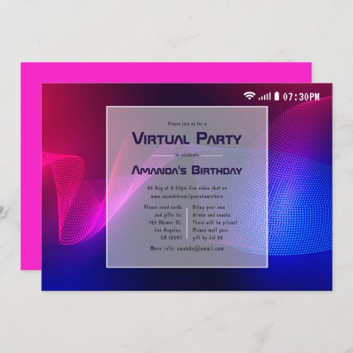 HotPink and Blue Virtual Glow Birthday Party Invitation