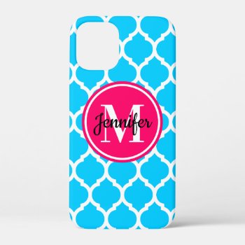 Hot Pink And Bright Aqua Trellis Monogram Iphone 12 Mini Case by pinkgifts4you at Zazzle