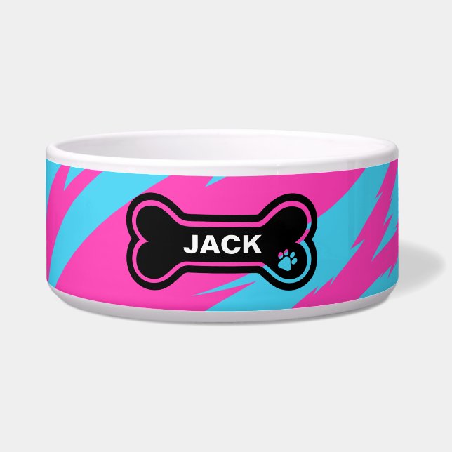 Hot Pink and Bright Blue Personalized Dog Bowl (Front)