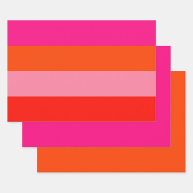 Hot Pink and Bright Orange Stripes  Wrapping Paper Sheets (Set)