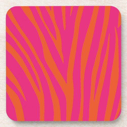 Hot Pink and Bright Orange Zebra Stripes Beverage  Beverage Coaster